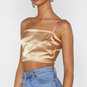 Nasty gal Back at It Satin gold crop top open back